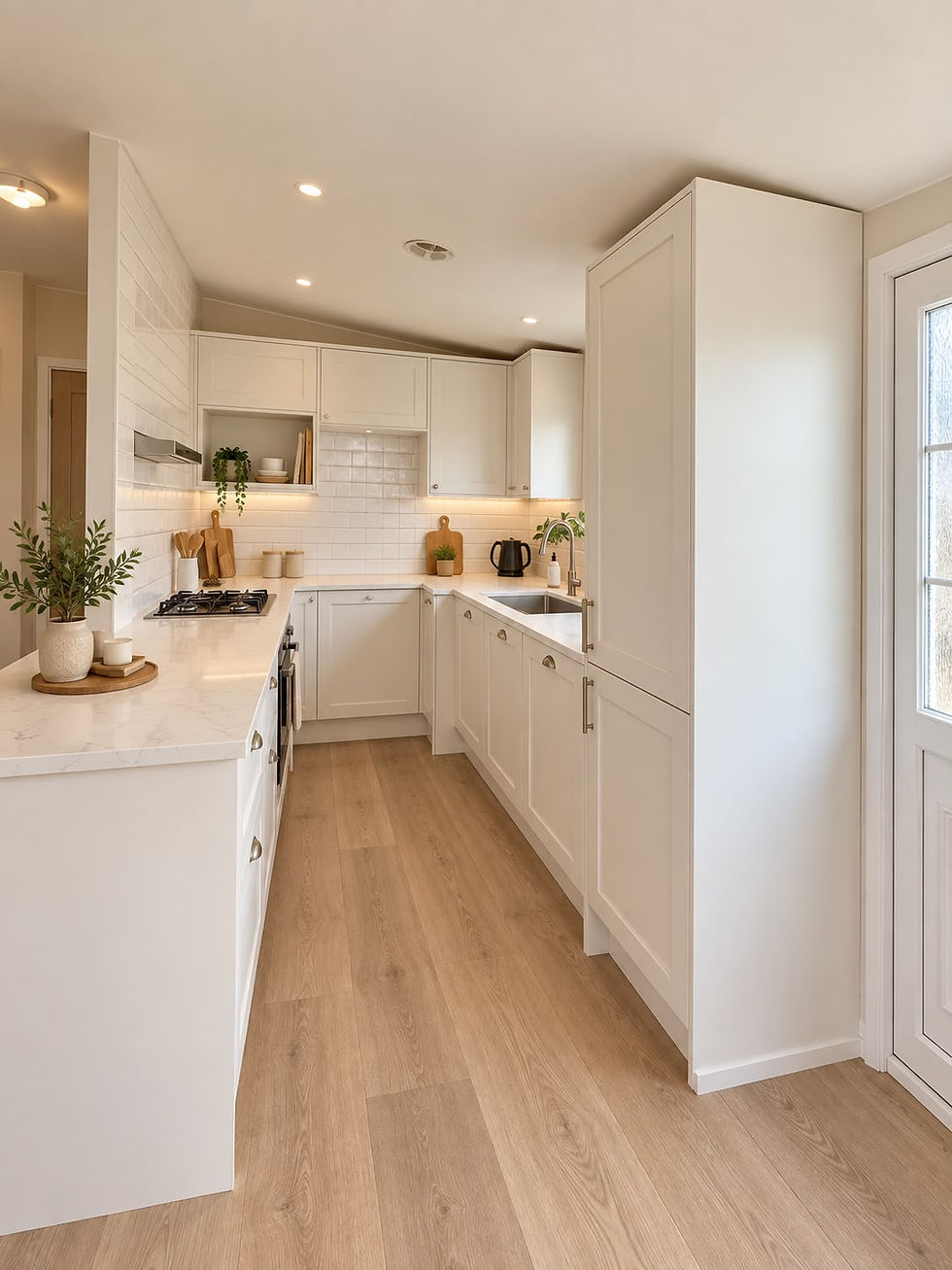 Lodge kitchen with pale fitted cabinets, light worktops, a gas hob and a sink beneath the window.