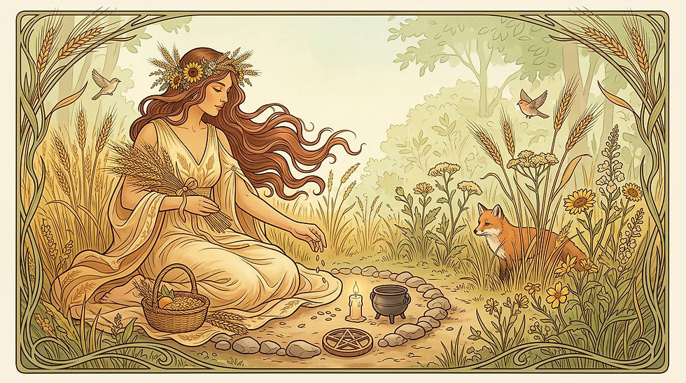 Prêtresse qui célèbre le rituel de Lughnasadh, illustration Art Nouveau