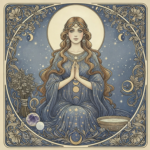 prêtresse sous la pleine lune mains jointes symbole relation au divin magie naturelle cycles lunaires Aekla Magie