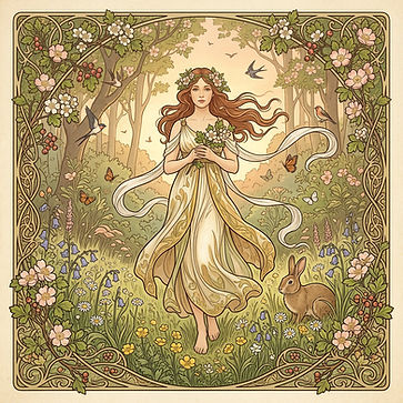 Prêtresse sorcière célébrant le rituel du sabbat de Beltane en magie naturelle wicca, création Aekla Magie, illustration Art Nouveau