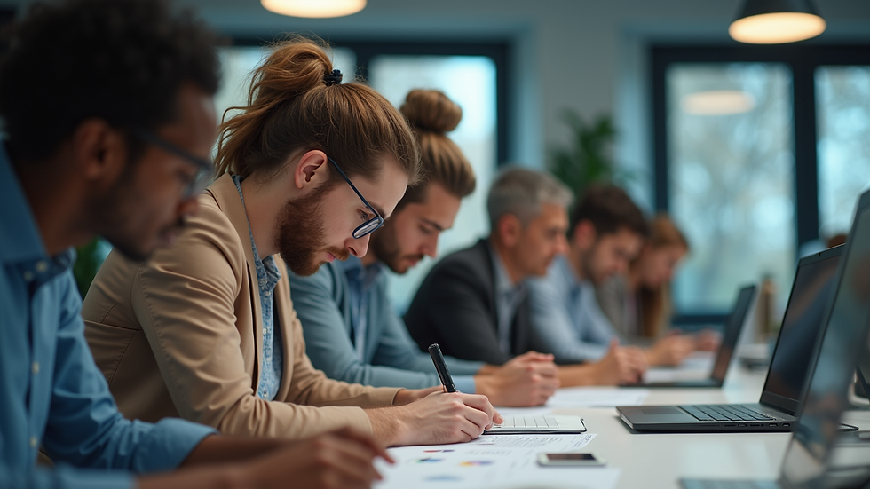 Eye-level view of a diverse team collaborating on a project