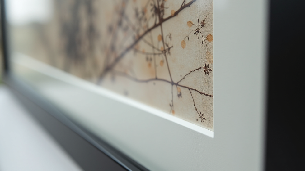 Close-up view of a framed artwork with detailed matting and glass protection