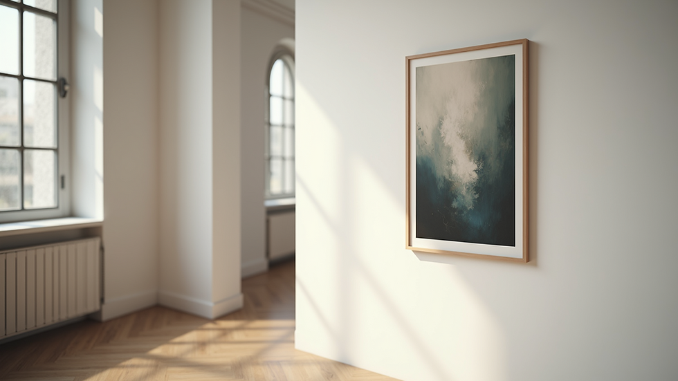High angle view of a framed abstract painting hanging on a gallery wall