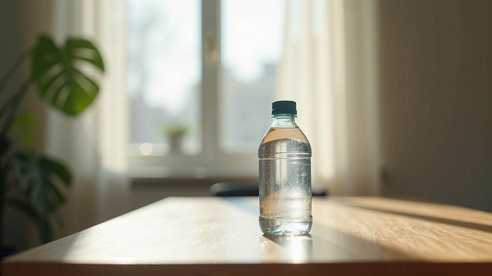 Eye-level view of a clean water bottle with built-in filter on a wooden table