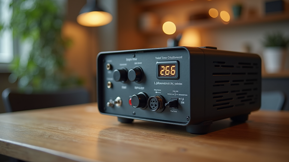 Eye-level view of a medium-sized portable power station on a wooden table