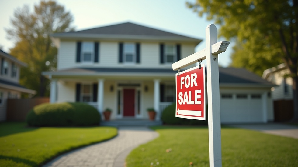 Eye-level view of a suburban house with a "For Sale" sign