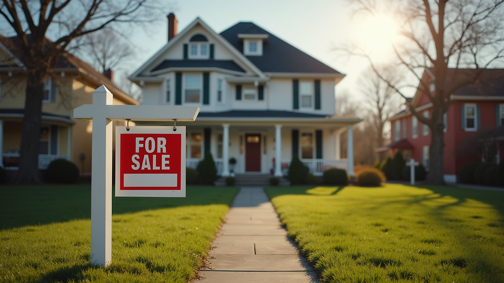 Eye-level view of a suburban house with a "For Sale" sign