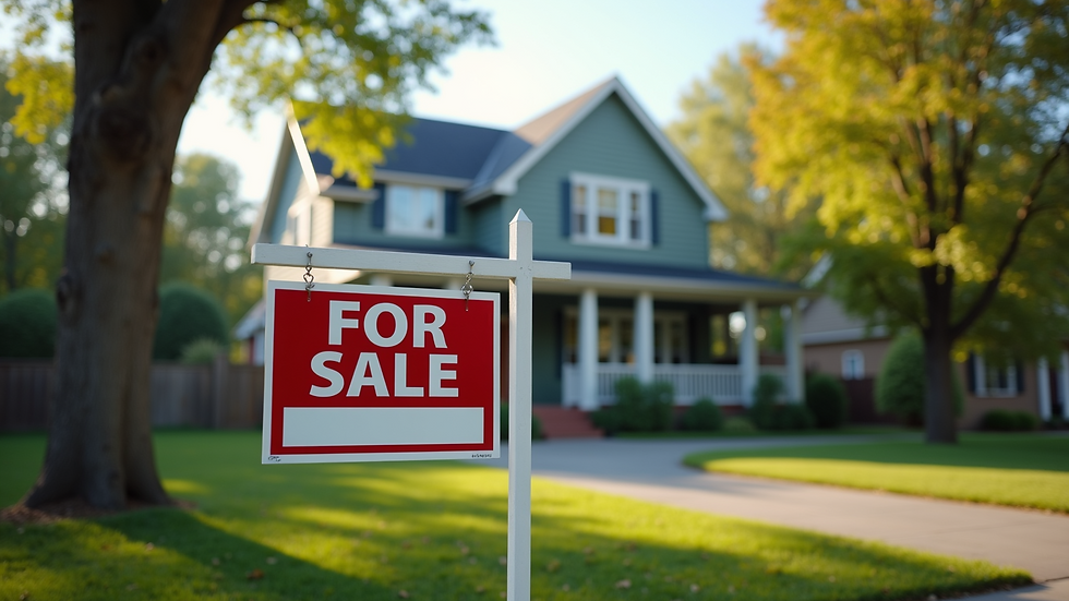 Eye-level view of a suburban house with a "For Sale" sign