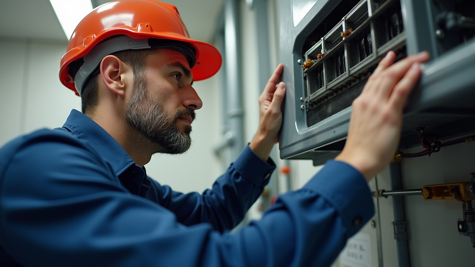Close-up view of a property manager inspecting HVAC system