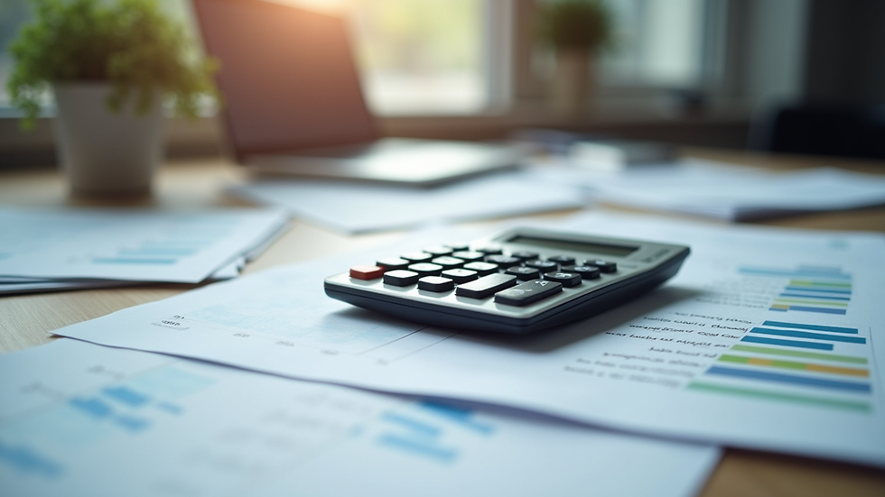 Close-up view of a calculator and financial documents on a desk
