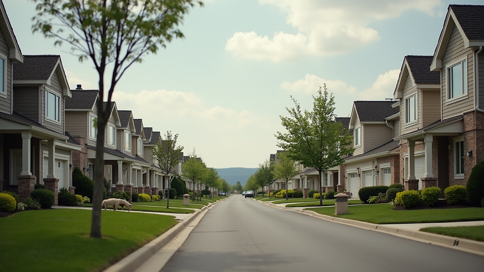 Eye-level view of a suburban neighborhood with rental homes