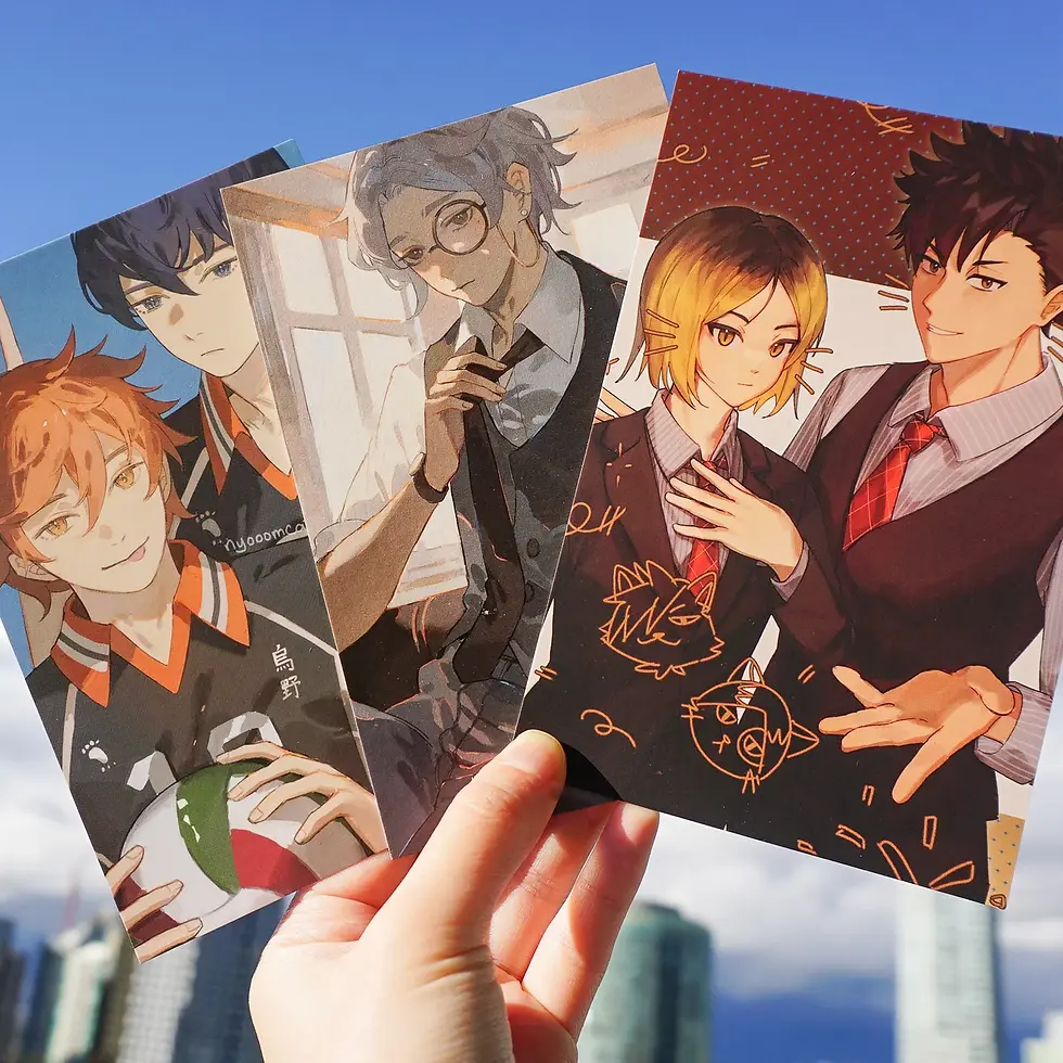 haikyuu office themed postcards: kagehina, suga and kurooken