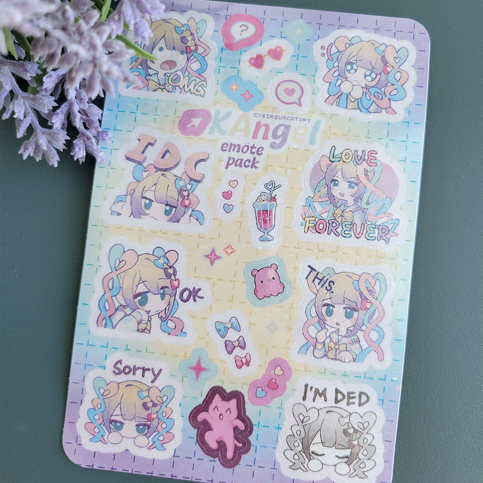 Thumbnail: Needy Streamer Overload glitter sticker sheet merch with 8 KAngel emote stickers on blue background with flowers