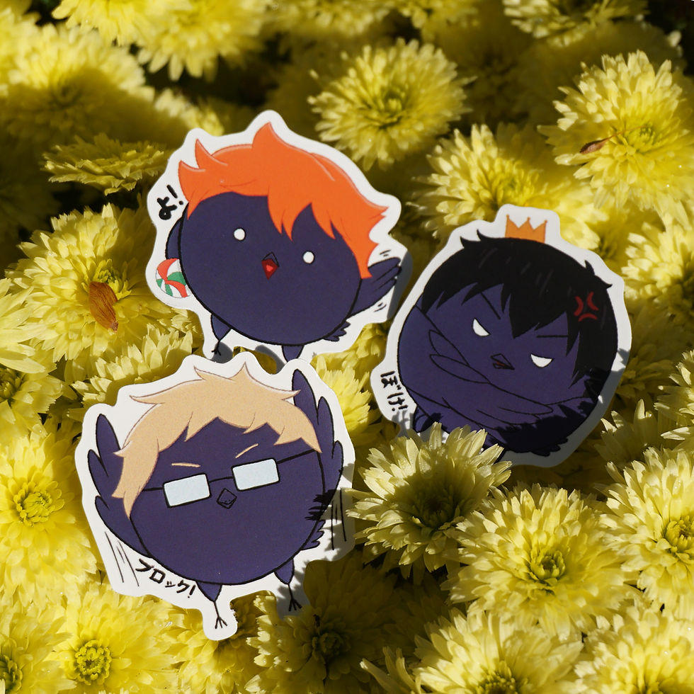 Haikyuu crow stickers with Hinata Kageyama and Tsukishima on yellow floral background
