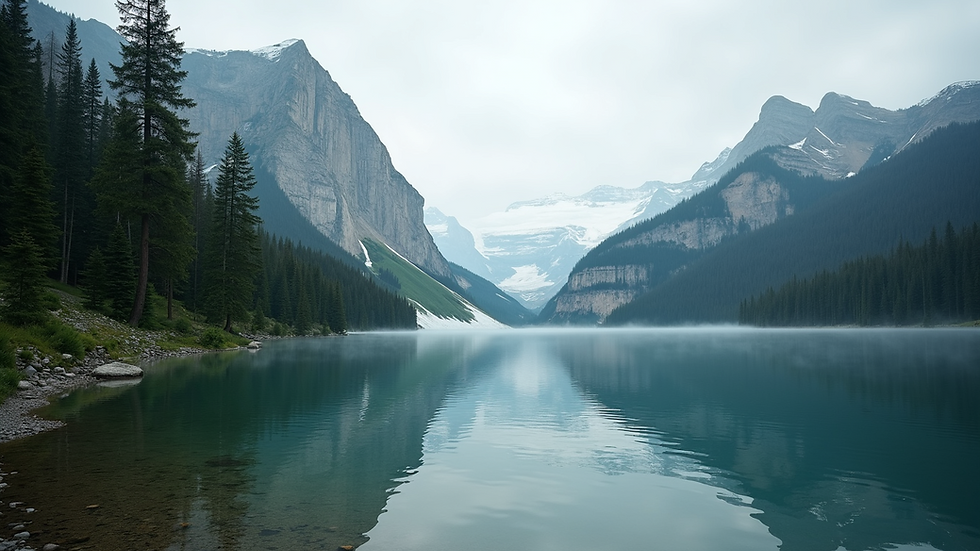 Eye-level view of a serene mountain lake reflecting surrounding pine trees