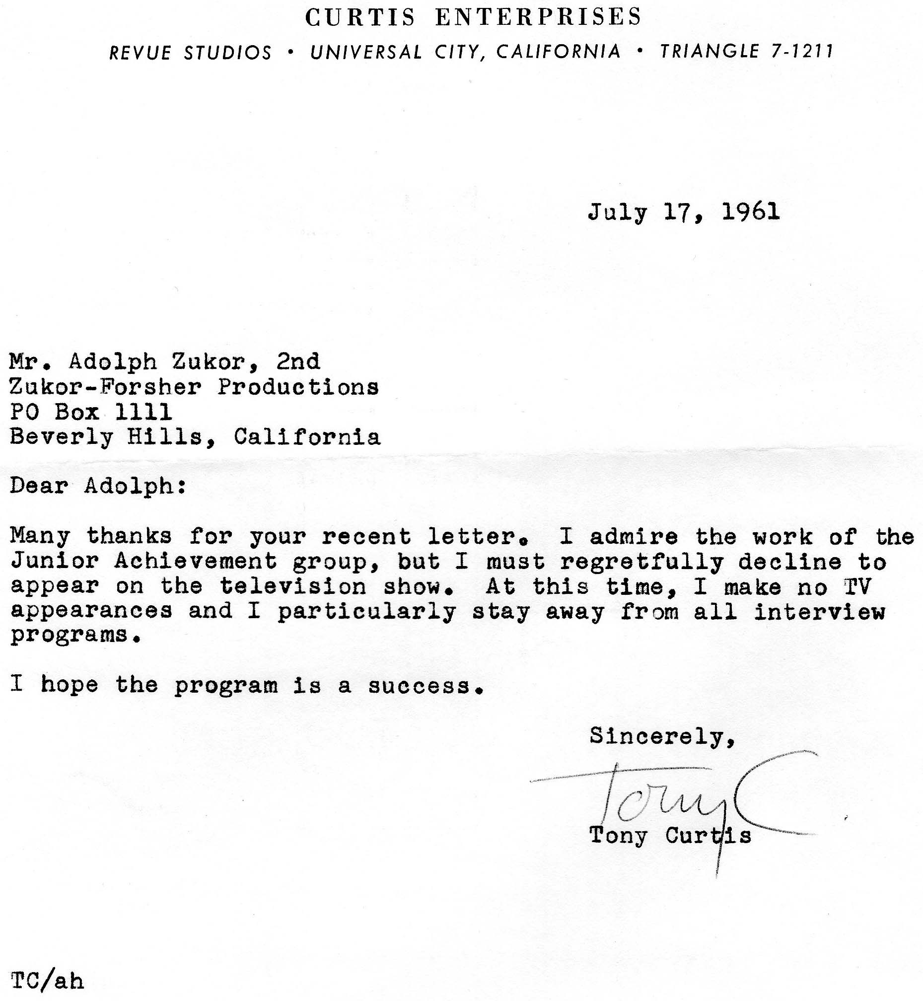 Tony Curtis Letter to Adolph Zukor 2nd