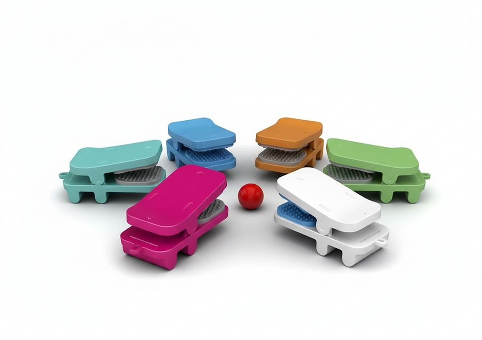 A group composition of the original dog-inspired finger acupressure devices arranged like