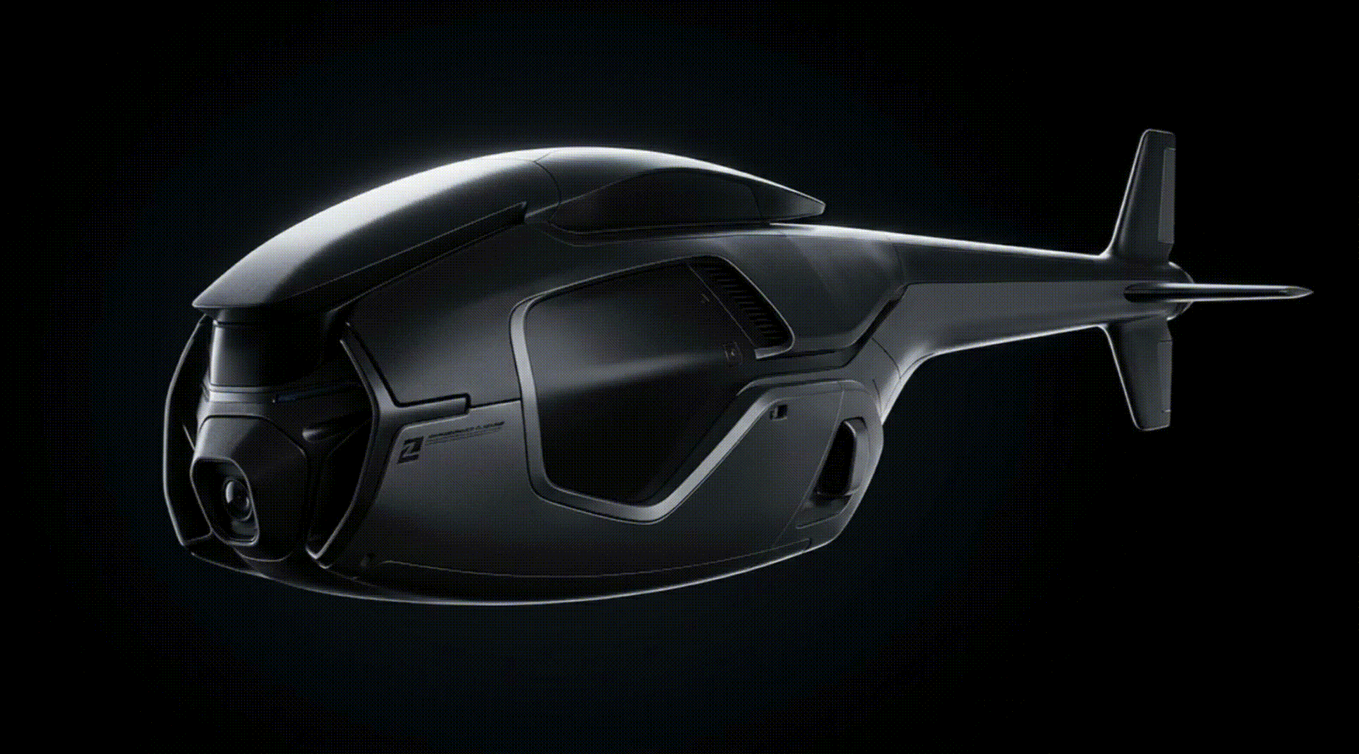 A sleek, futuristic spacecraft or drone transitioning from a side profile view to a front-