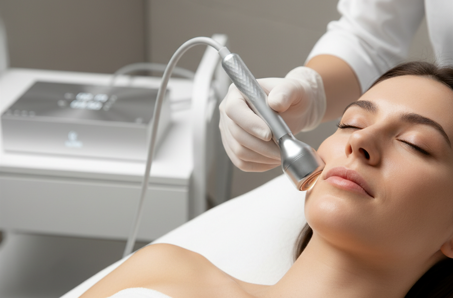 A professional skin treatment scene featuring a premium beauty device in use.__same produc