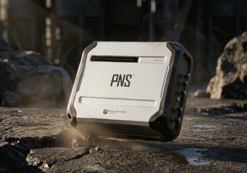 The animation begins with the device suspended slightly above the ground in the same envir