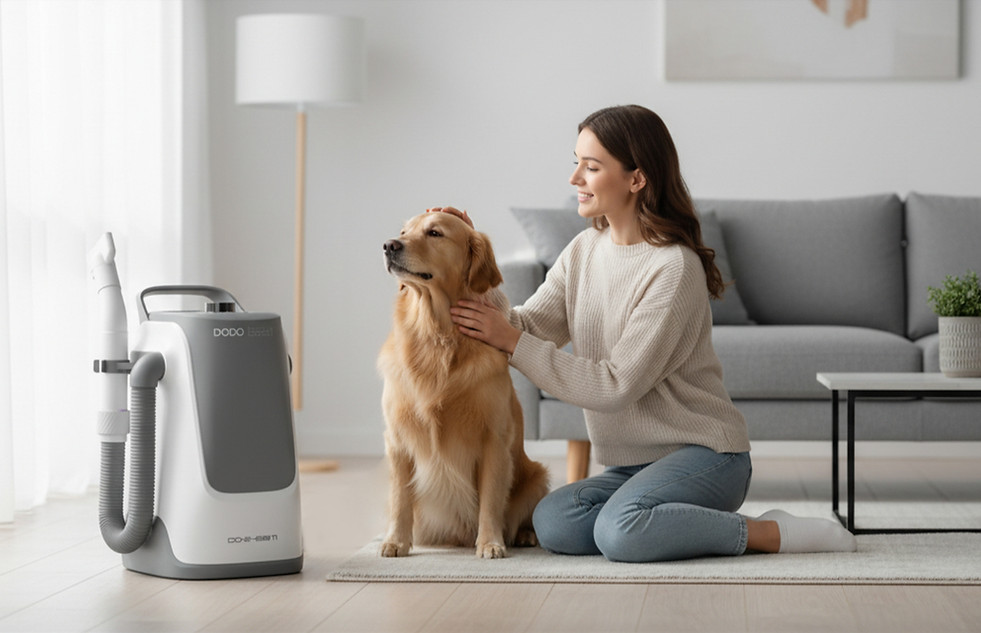 Final hero shot_ the pet dryer machine standing elegantly in the living room while the dog