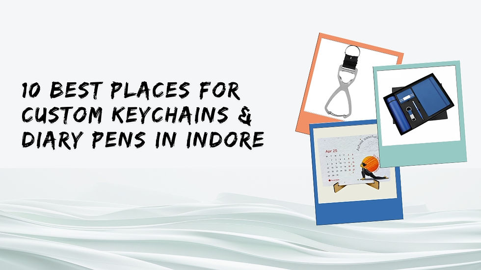 Text "10 Best Places for Custom Keychains & Diary Pens in Indore" with images of a keychain, a calendar, and a set with a pen on a wavy background.