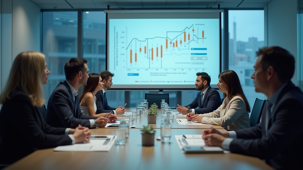 Close-up view of a conference room with pharmaceutical executives discussing market strategies