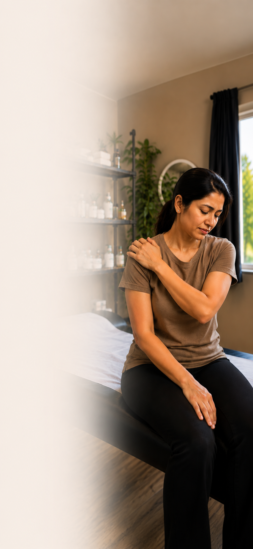 Woman holding her shoulder while seated on a treatment table for shoulder pain treatment