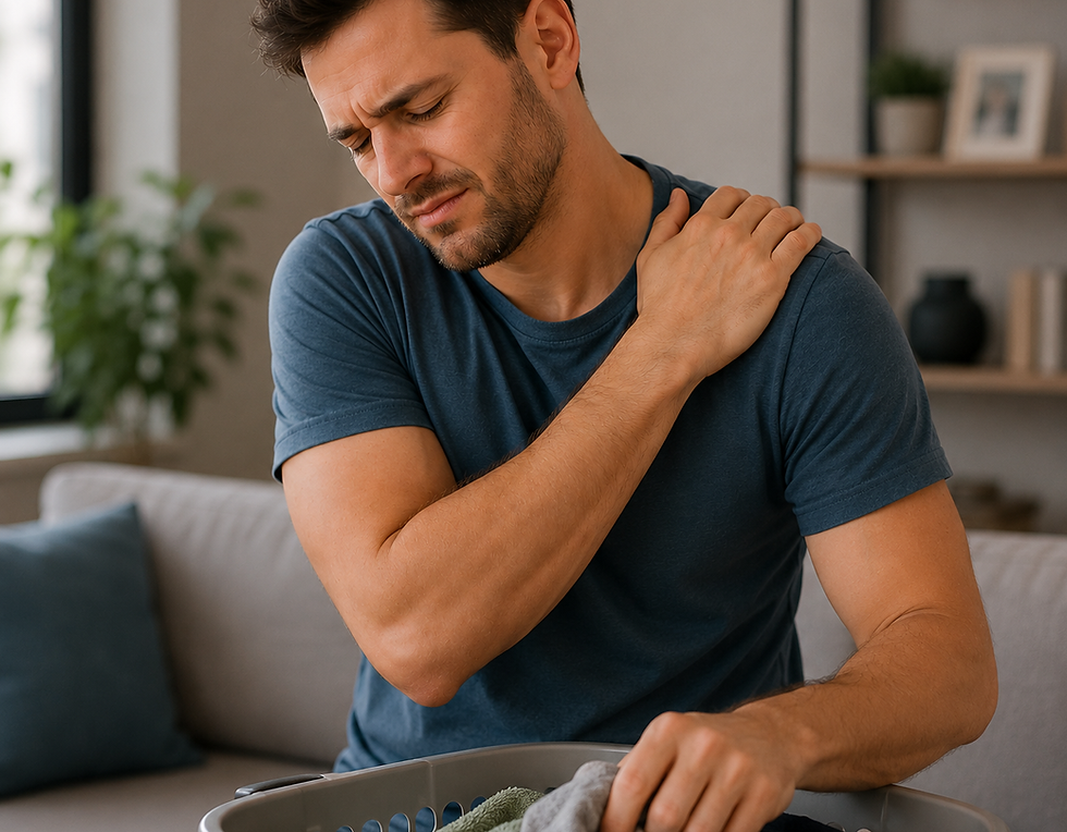 Man experiencing shoulder pain during everyday household activities, highlighting how shoulder injuries can affect daily function.