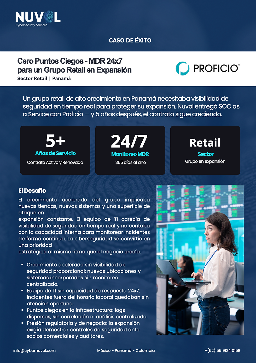 Caso de éxito SOC Retail - Nuvol implementó SOC as a Service con tecnología Proficio, entregando capacidades de Managed Detection and Response (MDR) 24x7 sin necesidad de construir un equipo interno ni invertir en infraestructura propia de SOC.