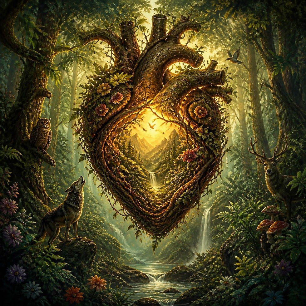 Ein anatomisches Herz aus Pflanzen, inmitten von Wald und Wölfen umgeben