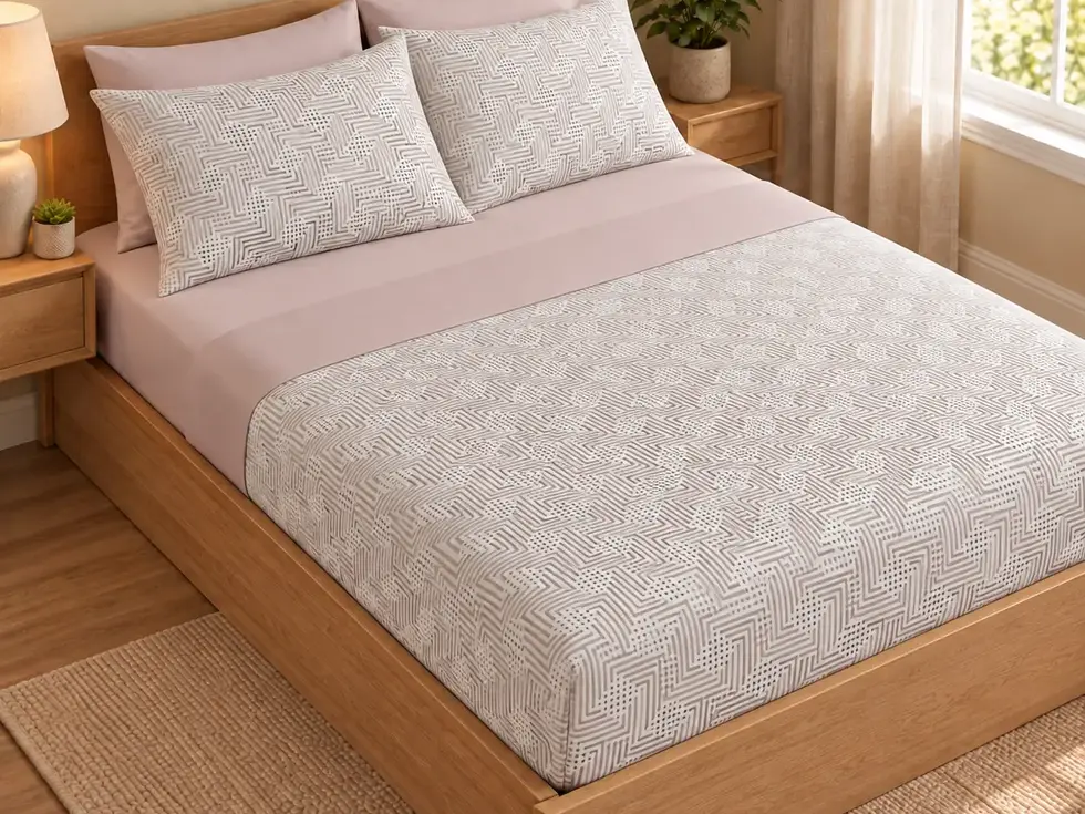 Renove o seu quarto com o Jogo de Cama Geométrico 100% Algodão Nacional. A suavidade e a respirabilidade natural do algodão