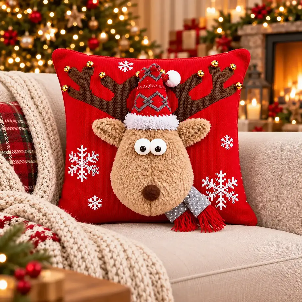 Dê um toque divertido à sua decoração com esta Almofada Decorativa de Natal — Rena com Guizos. O rosto de pelo castanho