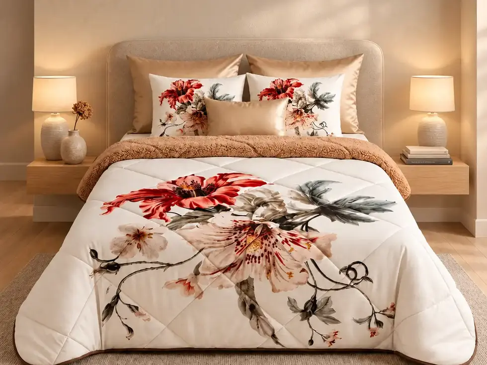 Renove o conforto da sua cama com este Edredom Floral com Pelo de Borrego + 2 Almofadas. O exterior estampado dá personalidad