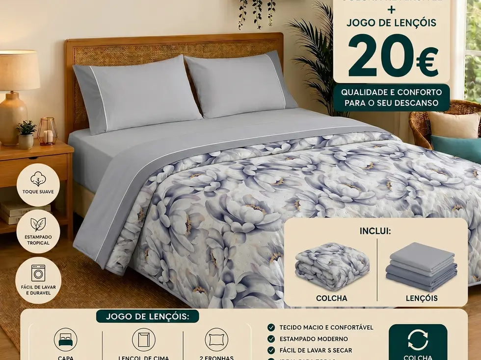 Transforme o seu quarto num refúgio de elegância e conforto com o Conjunto de Cama Colcha + Jogo Cama. Este kit completo comb
