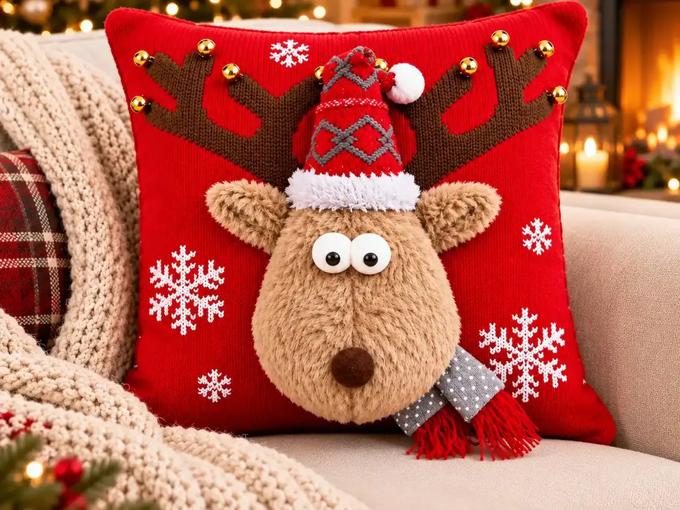 Dê um toque divertido à sua decoração com esta Almofada Decorativa de Natal — Rena com Guizos. O rosto de pelo castanho