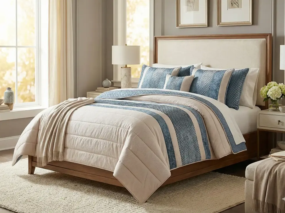 Edredom decorativo bege e azul estendido na cama com faixas verticais texturadas em veludo e padrões geométricos,