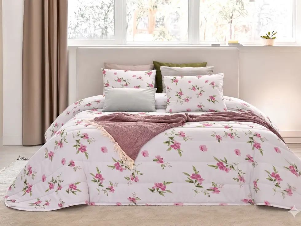 Transforme o seu quarto num refúgio sereno com este encantador Conjunto Edredom + Almofadas com Padrão Floral.