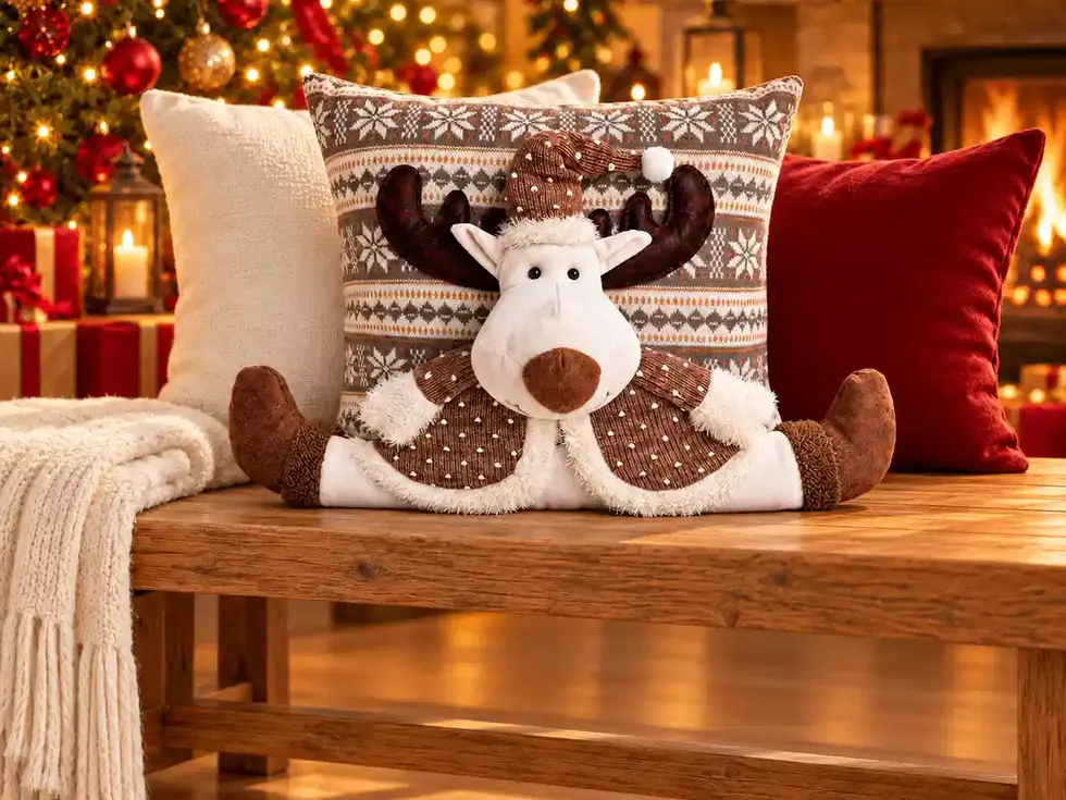 Dê um toque acolhedor à sua casa com esta Almofada Decorativa de Natal — Rena Nórdica em Relevo. A rena de focinho claro