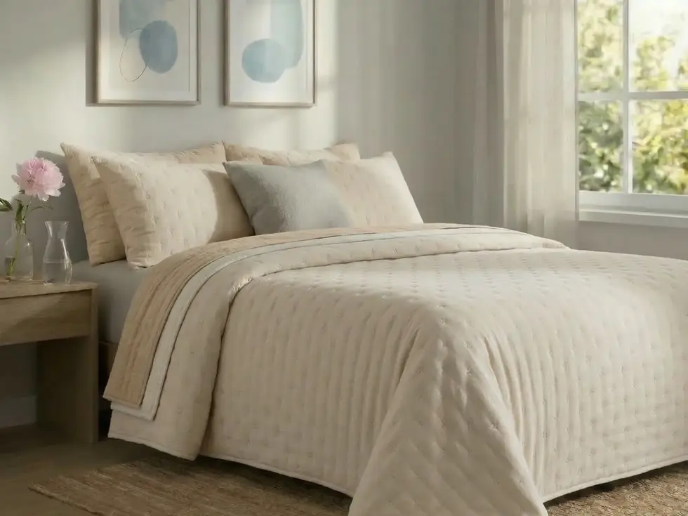 Cama de casal arrumada com jogo de colcha mais duas almofadas cheias, estilo minimalista num quarto iluminado.