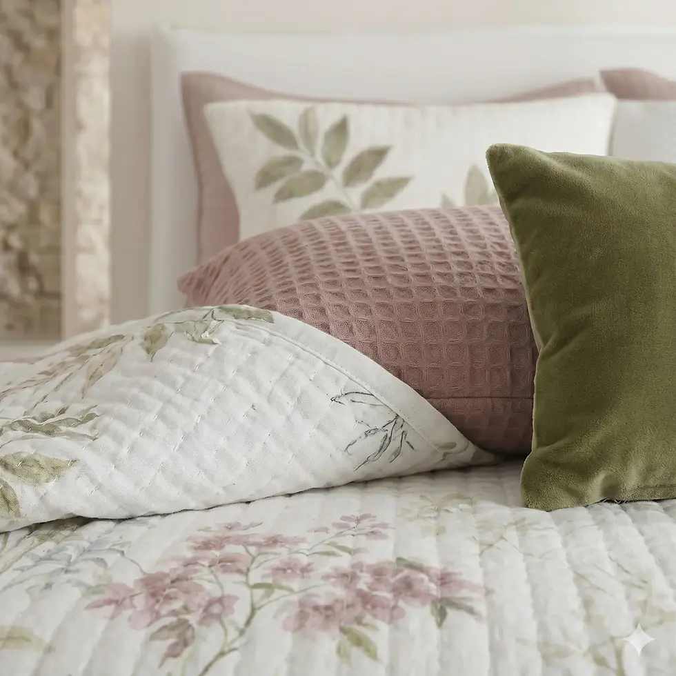 Colcha Bouti Milena 250x270cm com padrão floral bege claro estendida numa cama de casal, coleção de verão clean e elegante.