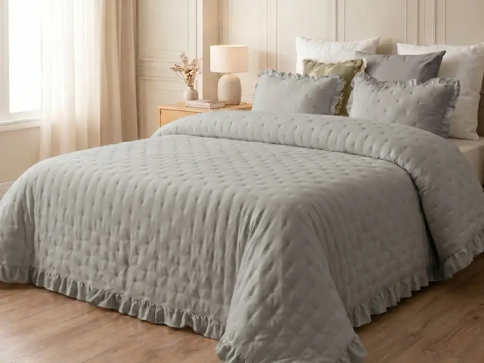 Renove o seu quarto com o toque sofisticado da nossa Colcha Casal + Fronhas C/ Folhos com padrão em relevo.