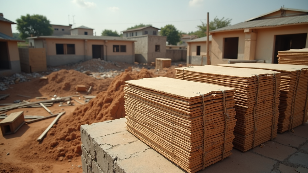 High angle view of building materials stacked at a construction site in Accra