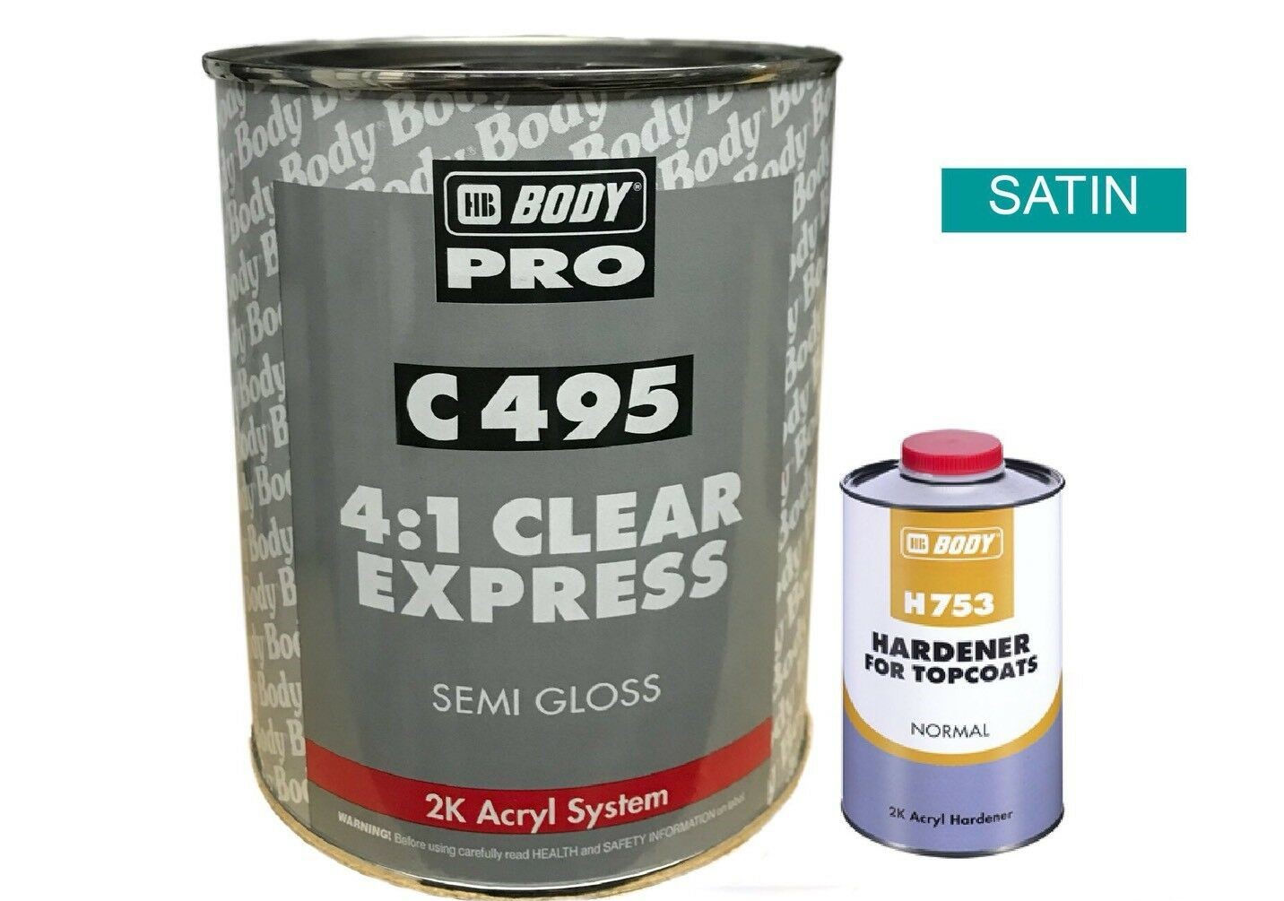 HB Body C495 SATIN Lacquer & 753 Hardener 1.25L KIT 2k Clear 4:1 Car Clearcoat