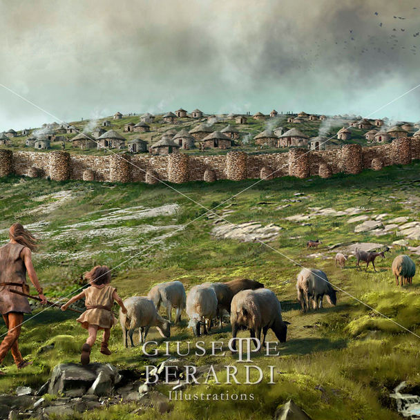 asentamiento prehistórico, la vida en la prehistoria, ilustración histórica, recreación histórica