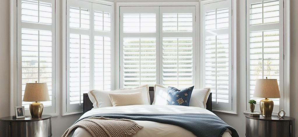 modern bedroom with white plantation shu