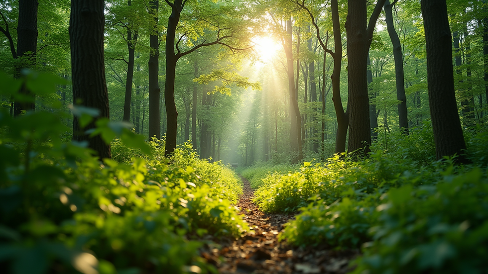 Eye-level view of a lush green forest with sunlight filtering through the trees