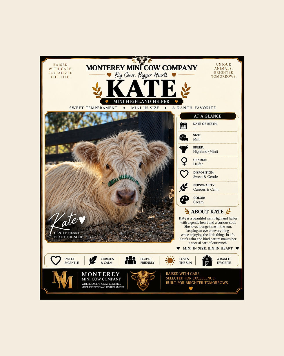 Kate, mini highland heifer at Monterey Mini Cow Company