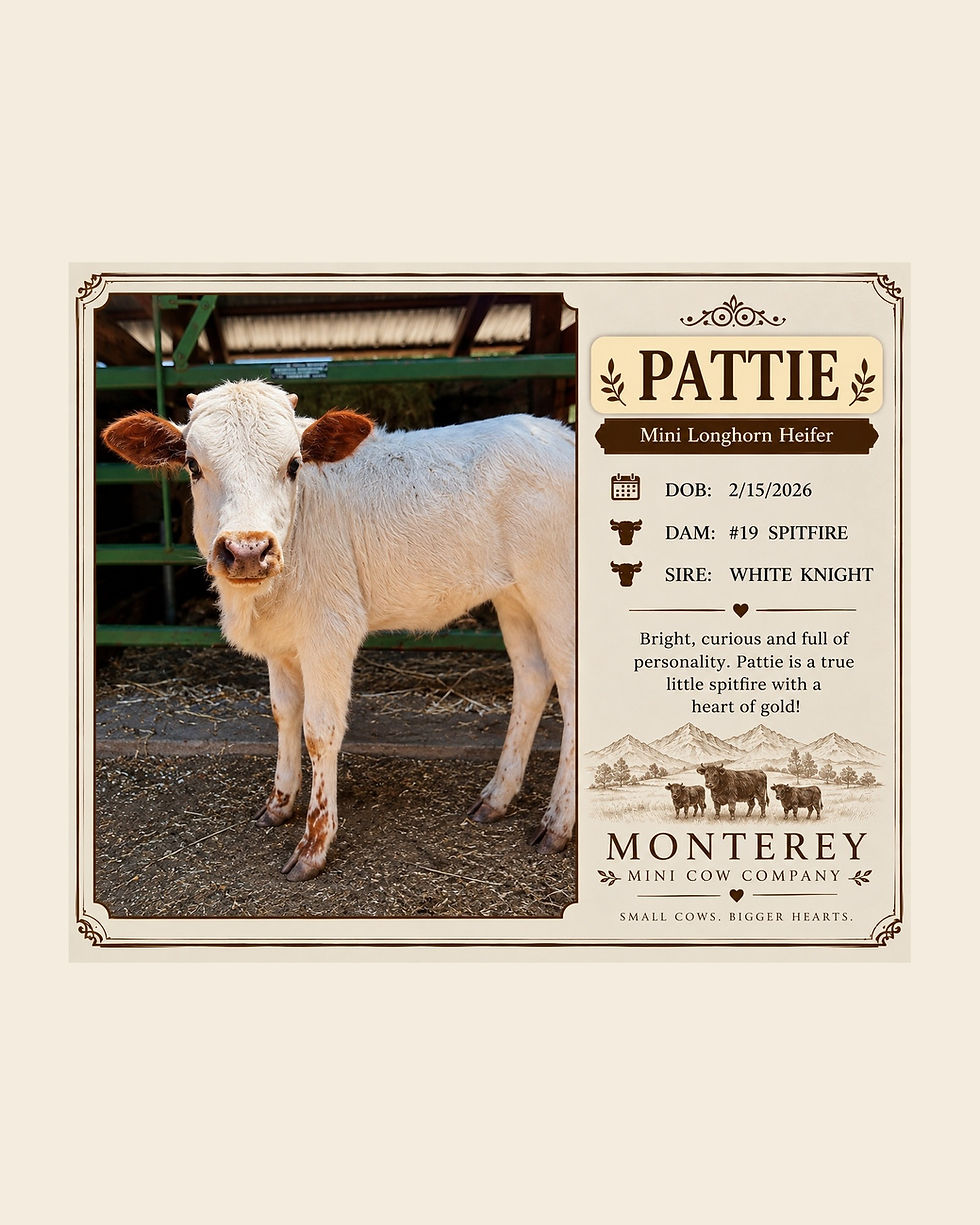 Pattie, mini longhorn heifer at Monterey Mini Cow Company