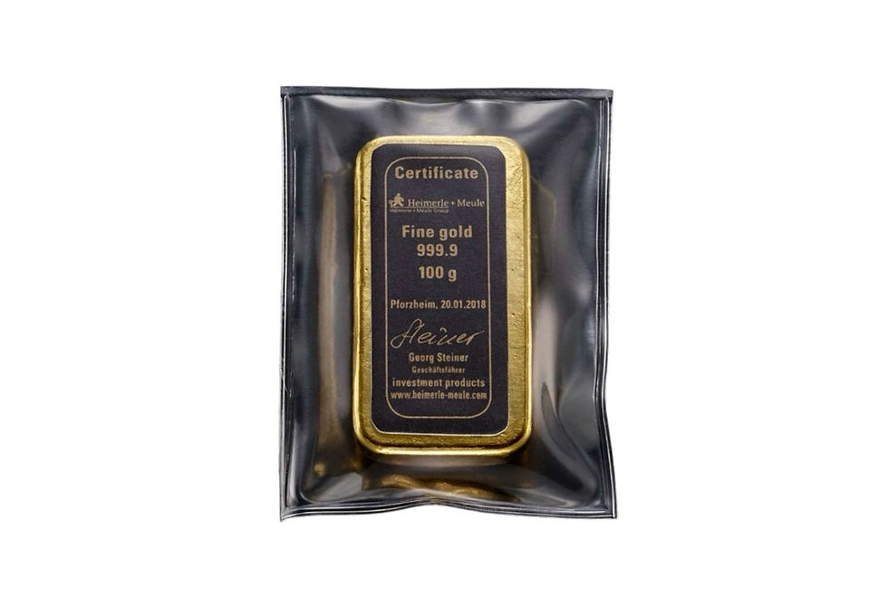 Miniaturbild: Goldbarren im Plastik verpackt mit Aufschrift Certificate Fine gold 100g Hahnwald Gold.